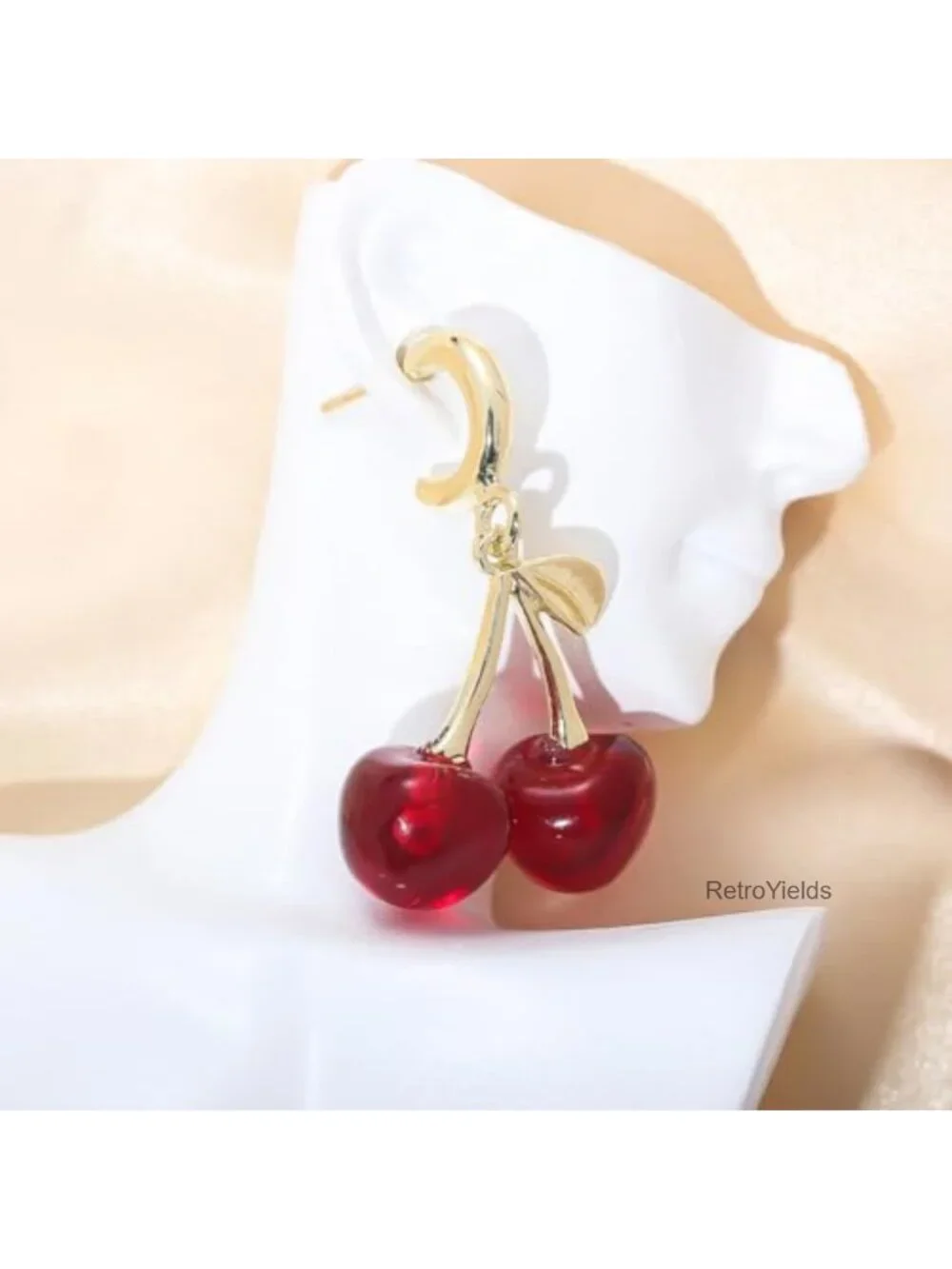 Cute Red Cherry Fruit Drop Dangle Earrings Women Statement Gold Leaf Jewelry